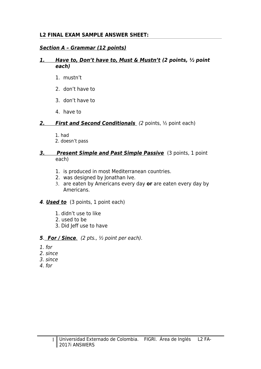 L2 Final Exam Sample Answer Sheet