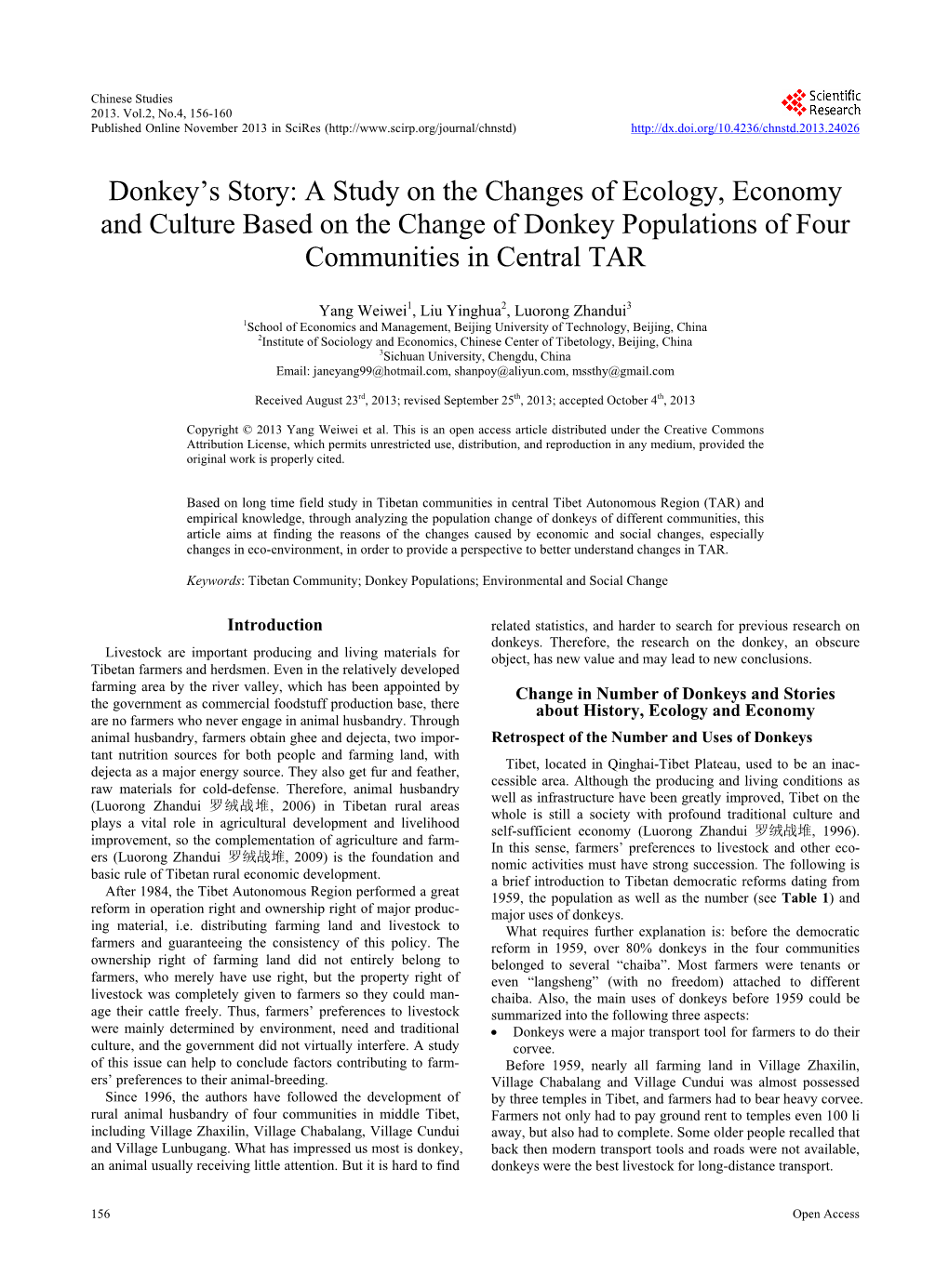 A Study on the Changes of Ecology, Economy and Culture Based on the Change of Donkey Populations of Four Communities in Central TAR