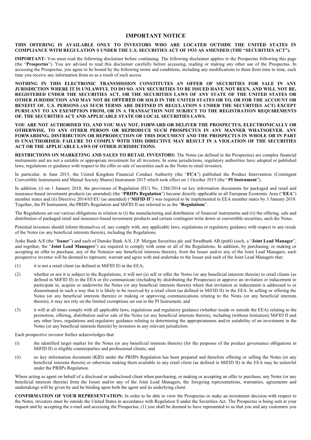 Important Notice This Offering Is Available Only to Investors Who Are Located Outside the United States in Compliance with Regulation S Under the U.S