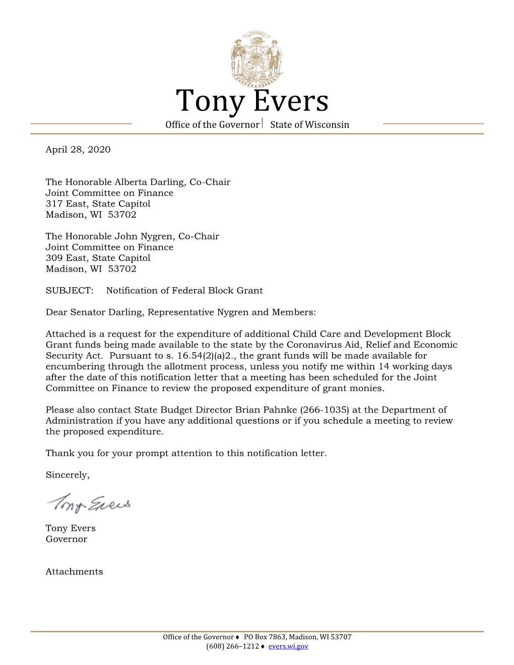 Tony Evers Office of the Governor  State of Wisconsin