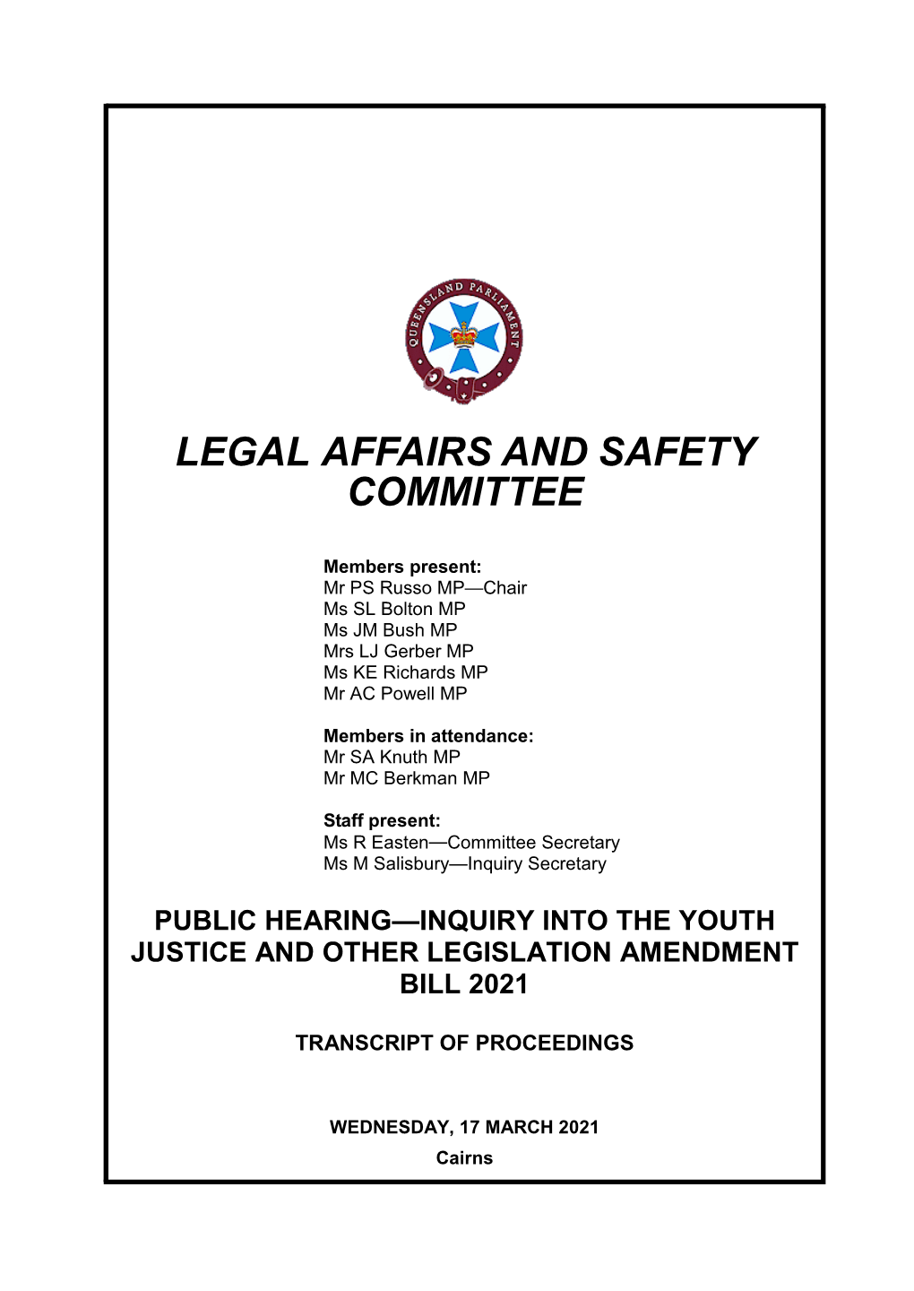 Youth Justice and Other Legislation Amendment Bill 2021