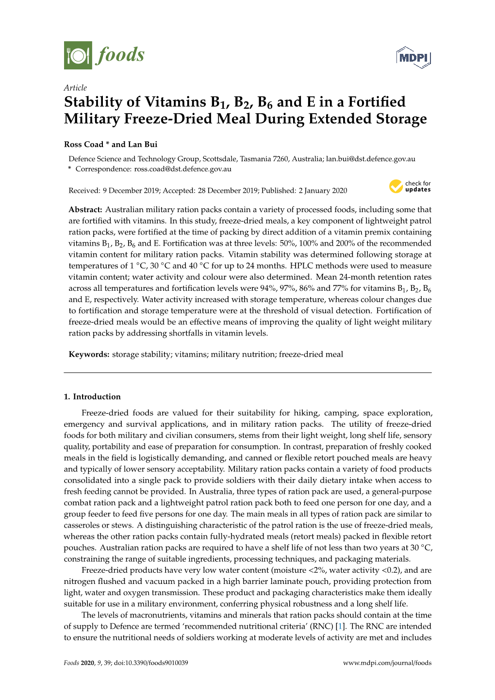 Stability of Vitamins B1, B2, B6 and E in a Fortified Military Freeze-Dried