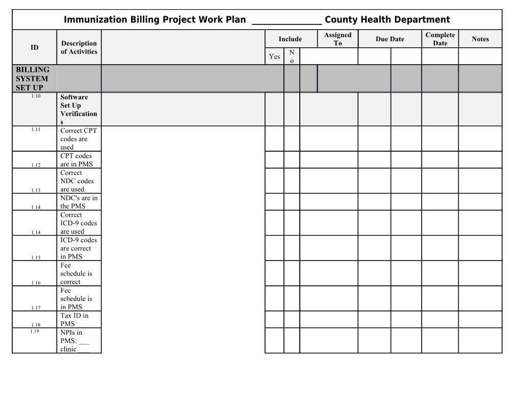 Immunization Billing Project Work Plan