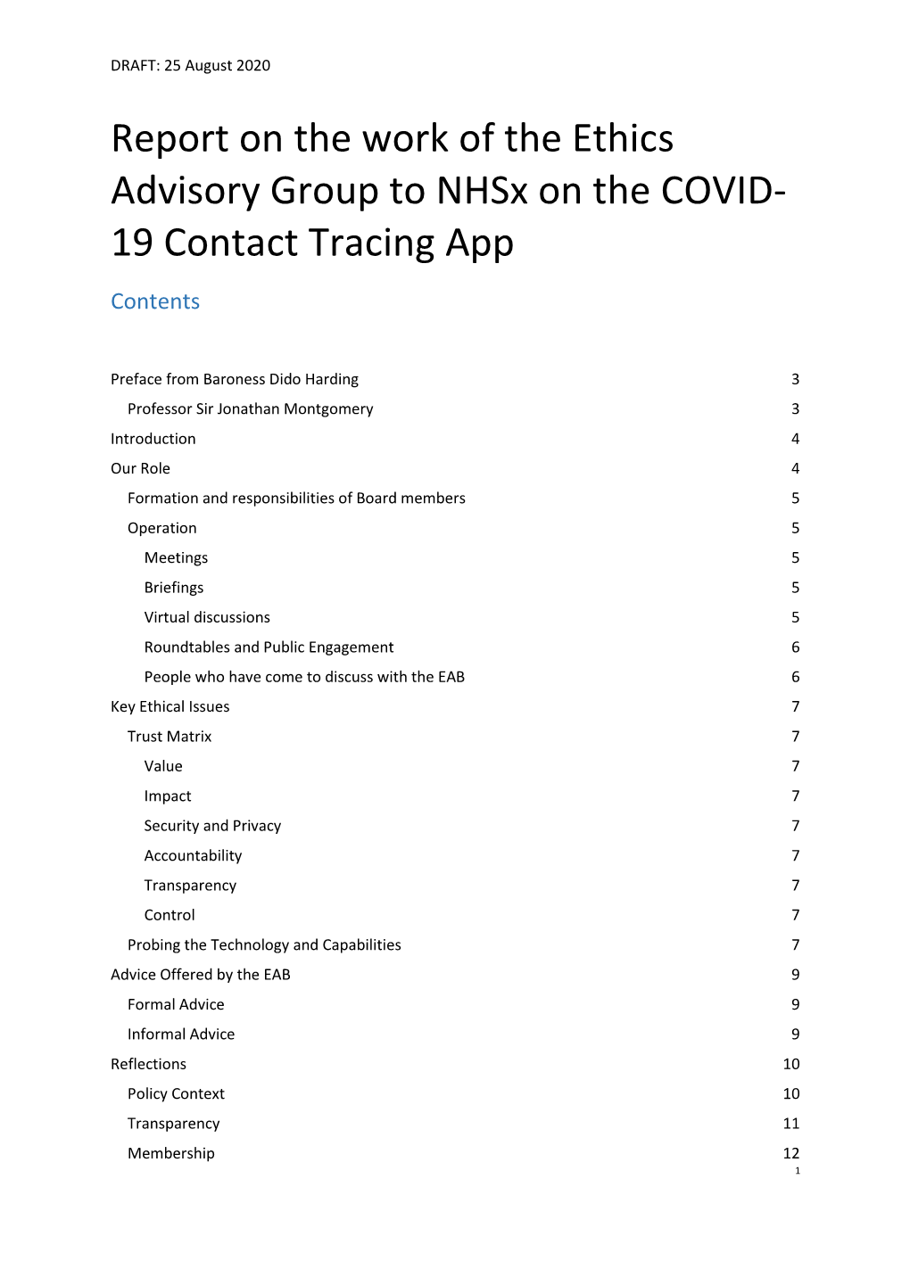 Report on the Work of the Ethics Advisory Group to Nhsx on the COVID-10 Contact Tracing
