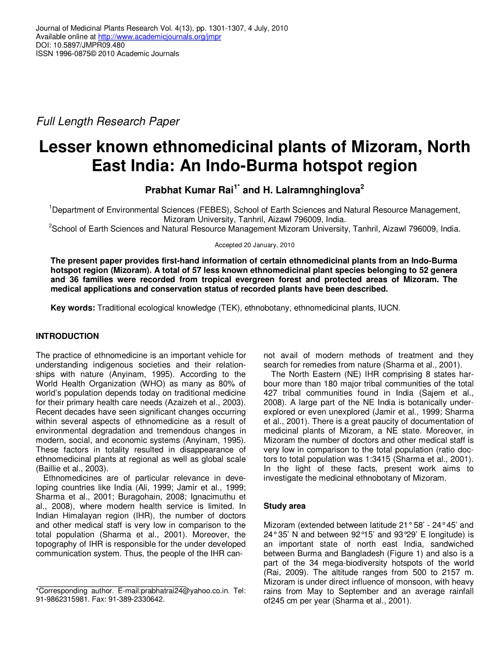 Lesser Known Ethnomedicinal Plants of Mizoram, North East India: an Indo-Burma Hotspot Region