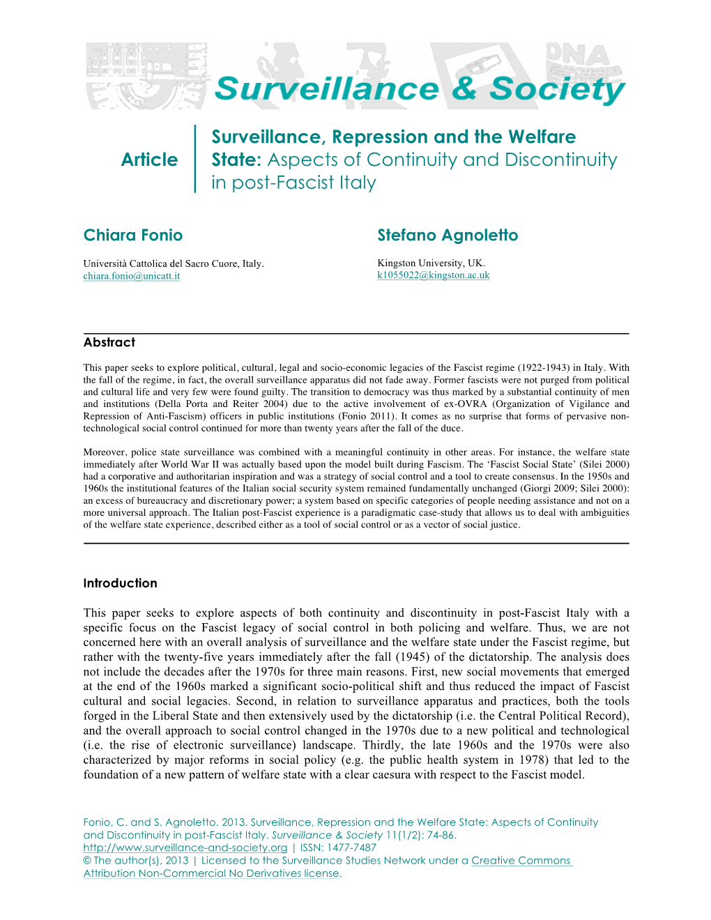 Article Surveillance, Repression and the Welfare State: Aspects Of