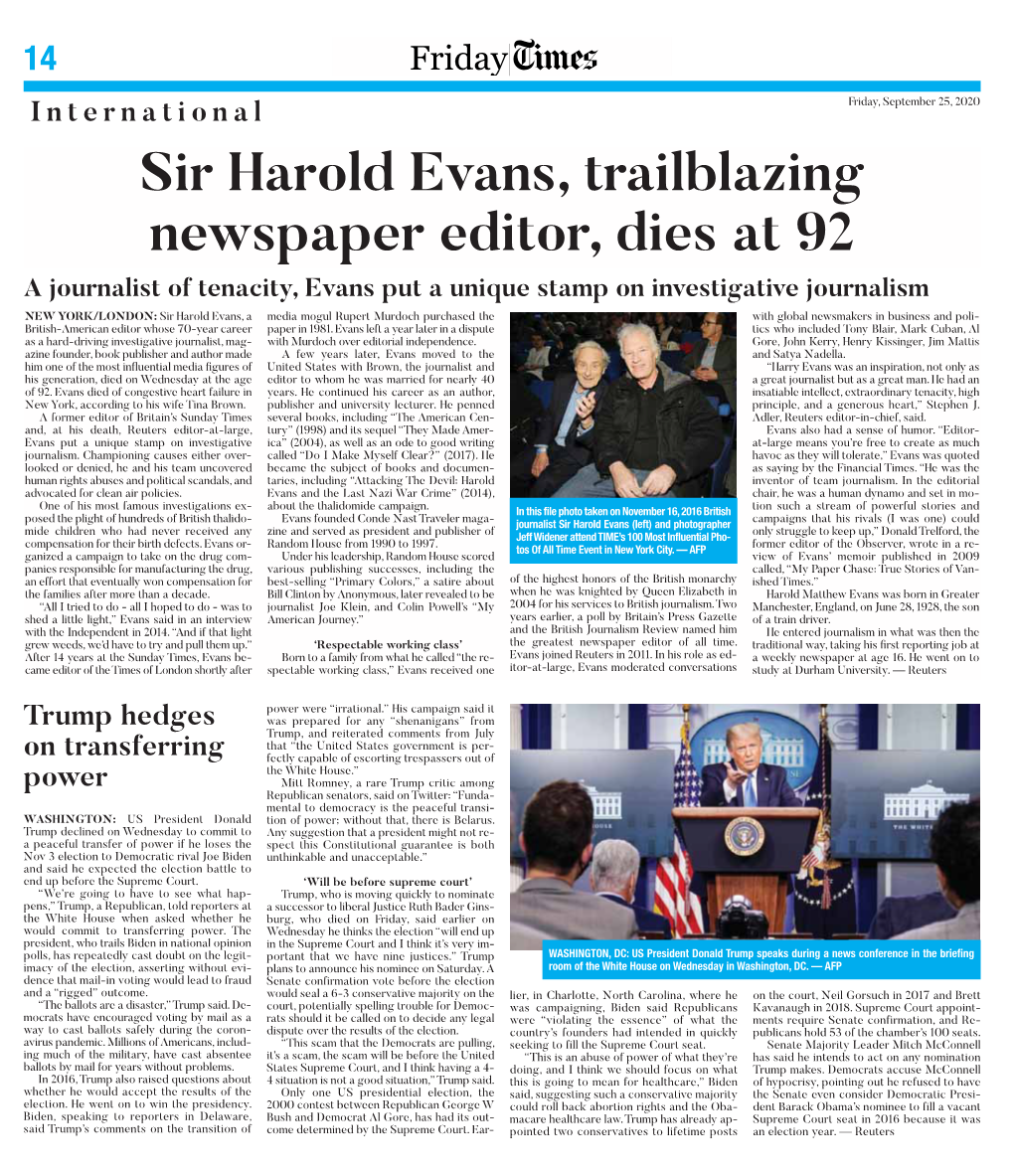 Sir Harold Evans, Trailblazing Newspaper Editor, Dies at 92