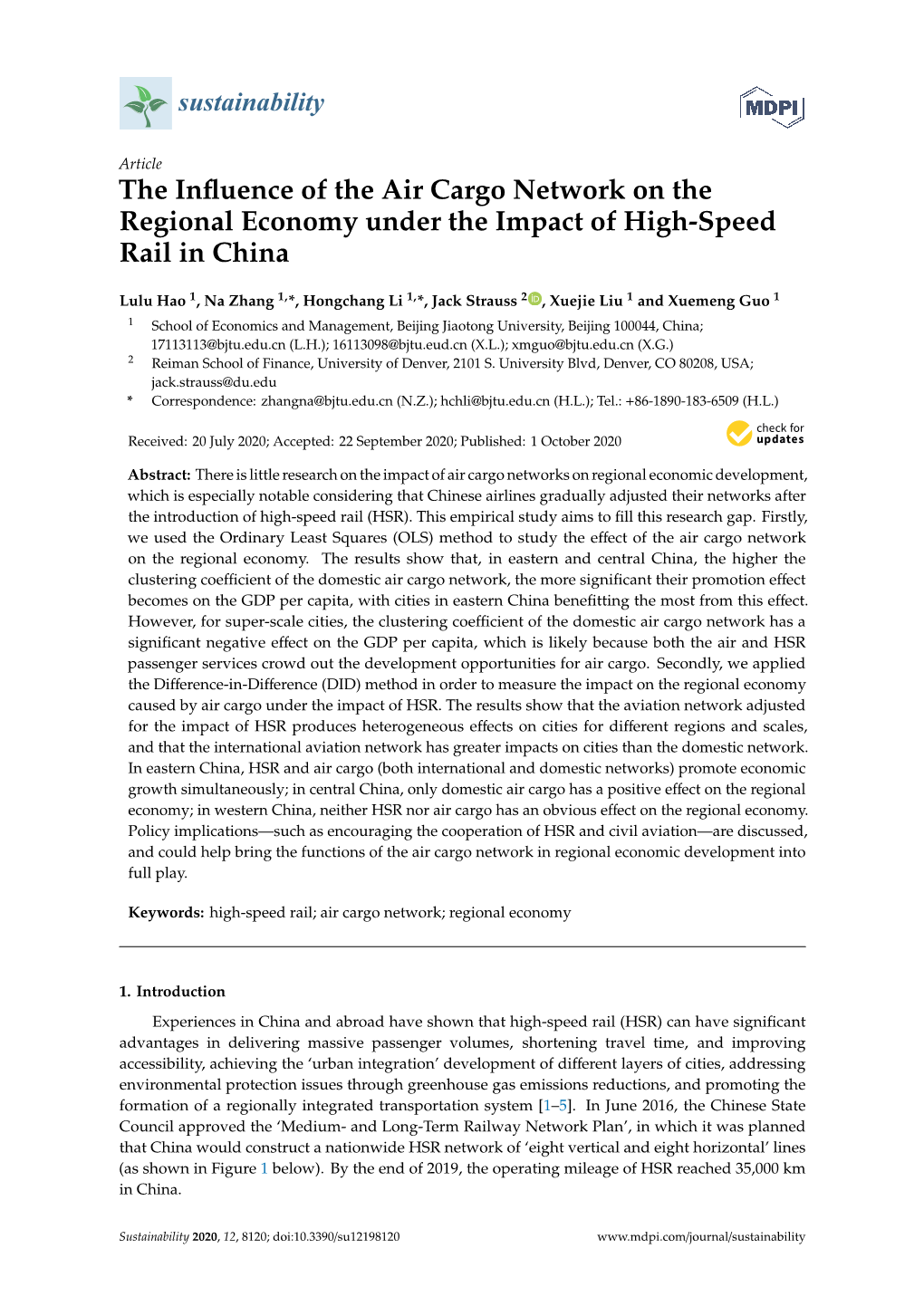 The Influence of the Air Cargo Network on the Regional Economy Under the Impact of High-Speed Rail in China