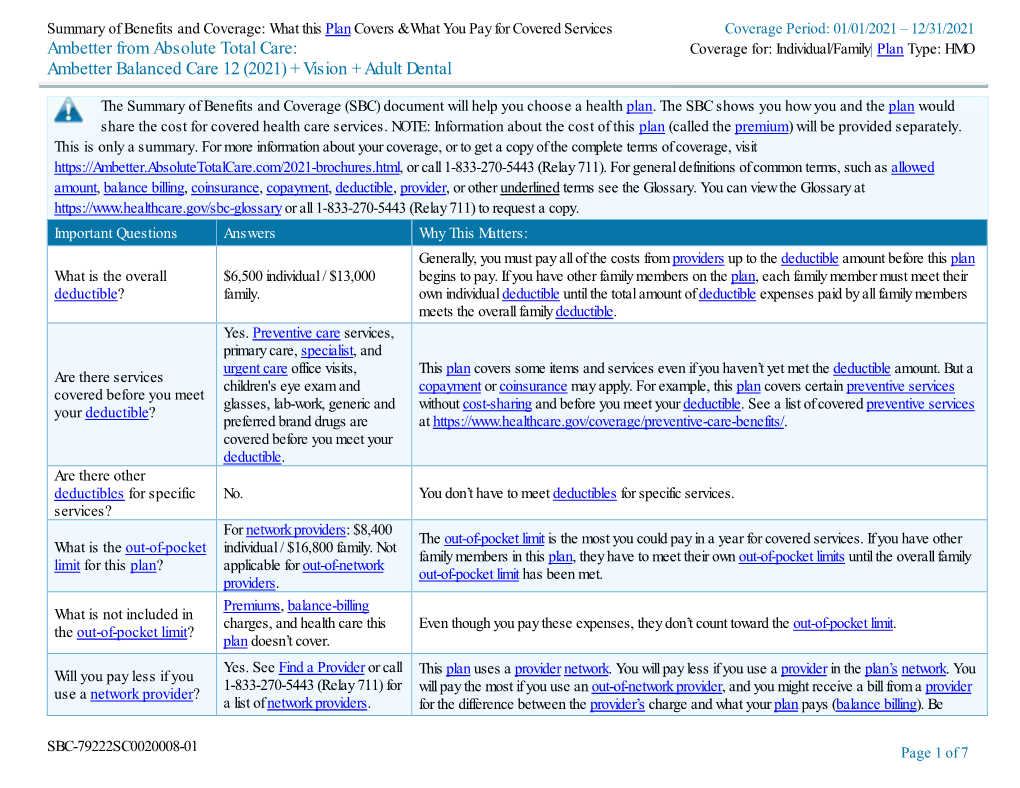 Ambetter Balanced Care 12 (2021) + Vision + Adult Dental