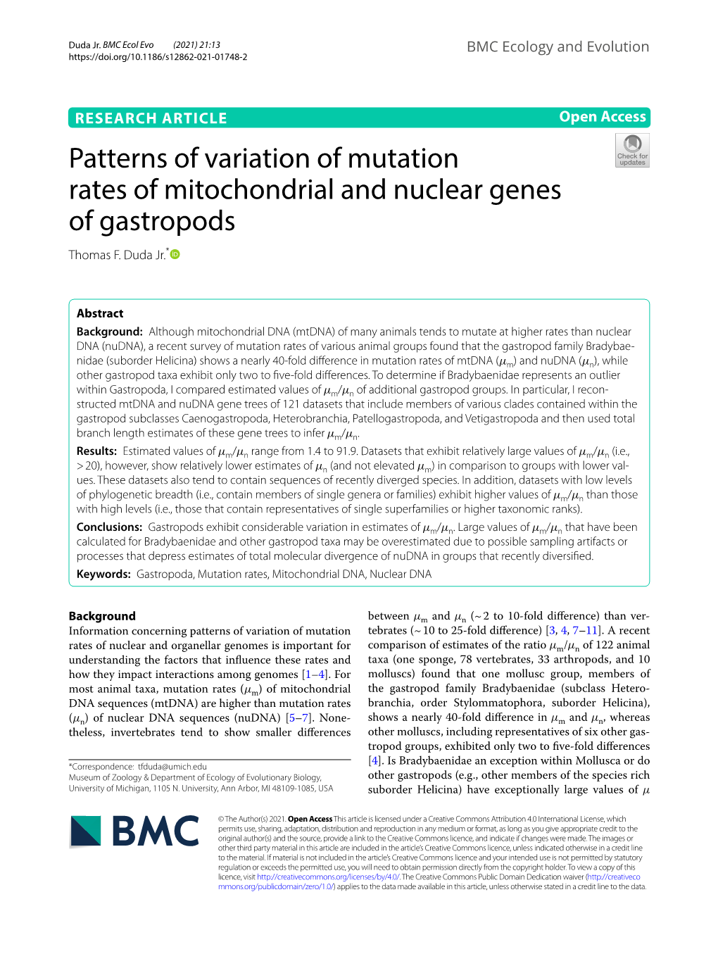 Patterns of Variation of Mutation Rates of Mitochondrial and Nuclear Genes of Gastropods Thomas F