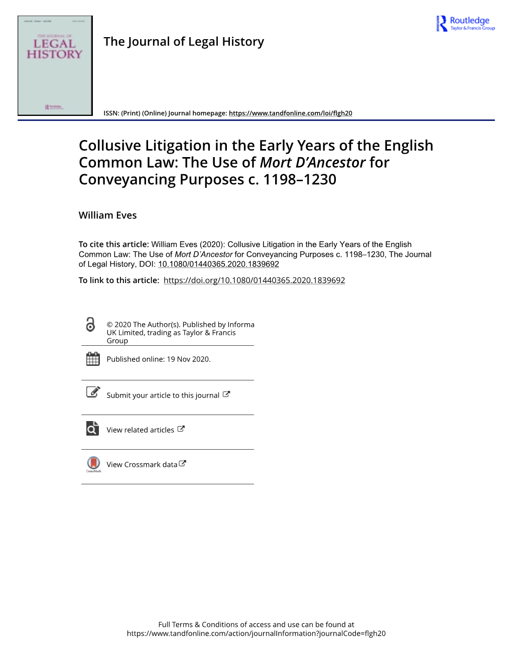 Collusive Litigation in the Early Years of the English Common Law: the Use of Mort D’Ancestor for Conveyancing Purposes C
