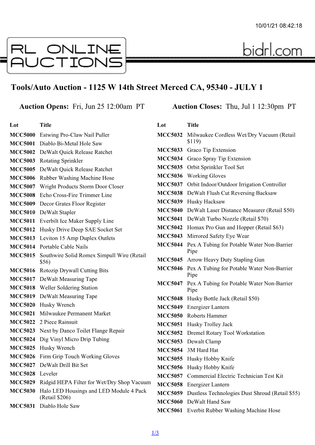 Tools/Auto Auction - 1125 W 14Th Street Merced CA, 95340 - JULY 1