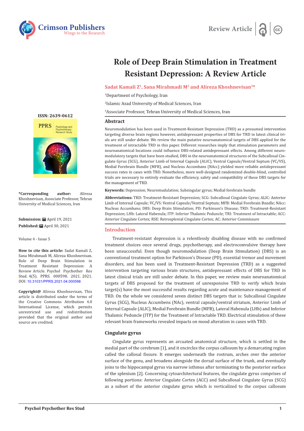 Role of Deep Brain Stimulation in Treatment Resistant Depression: a Review Article