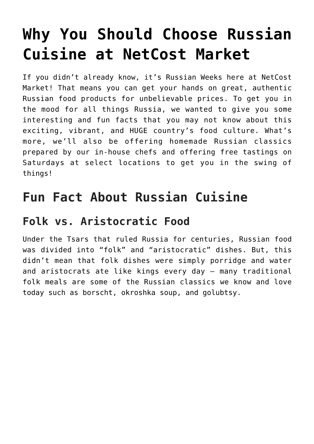 Why You Should Choose Russian Cuisine at Netcost Market