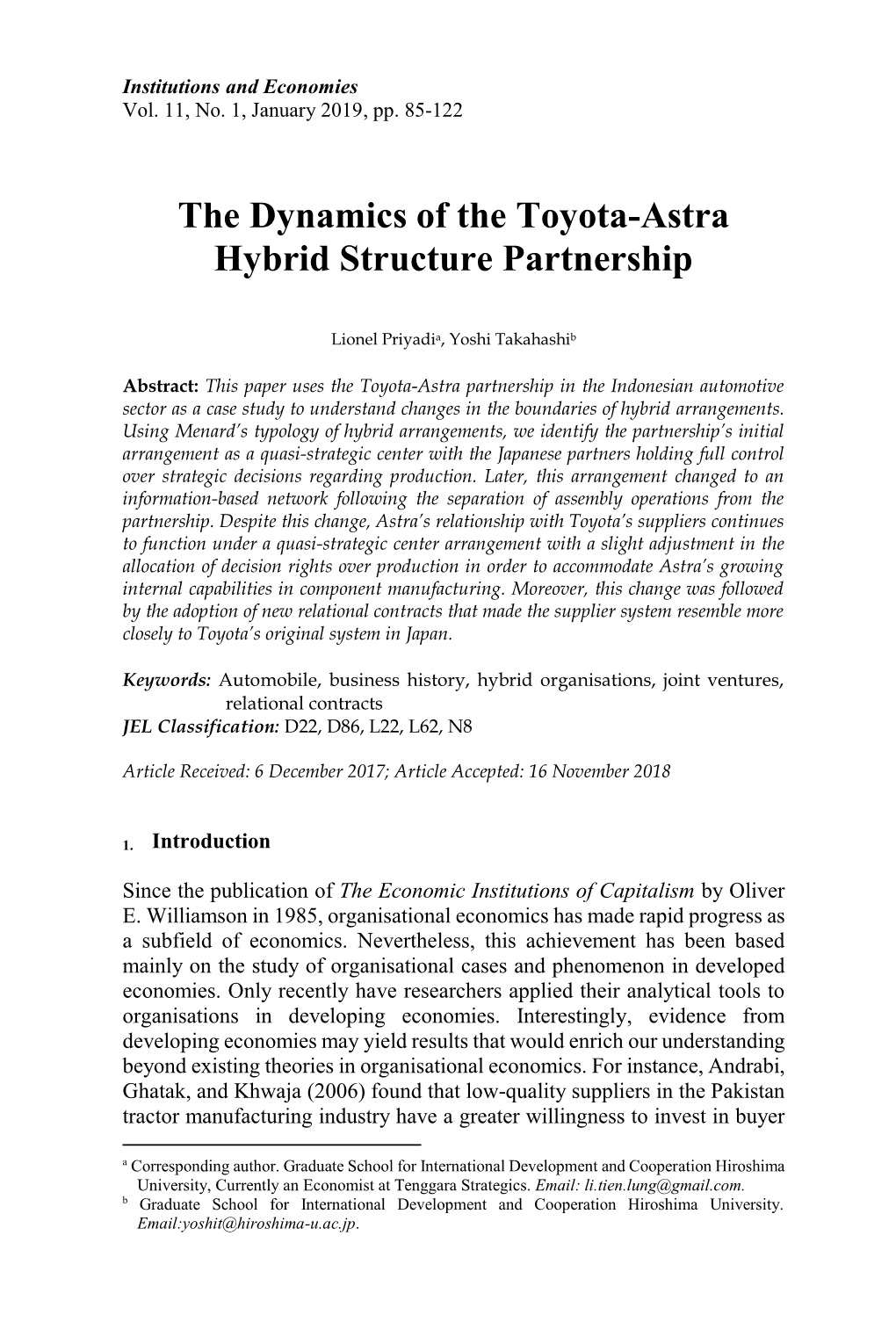 The Dynamics of the Toyota-Astra Hybrid Structure Partnership