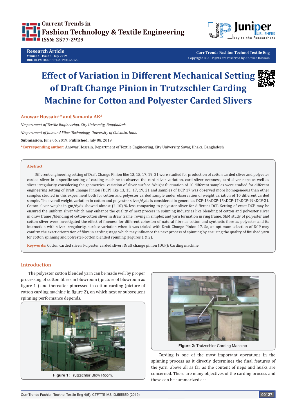 Effect of Variation in Different Mechanical Setting of Draft Change Pinion in Trutzschler Carding Machine for Cotton and Polyester Carded Slivers