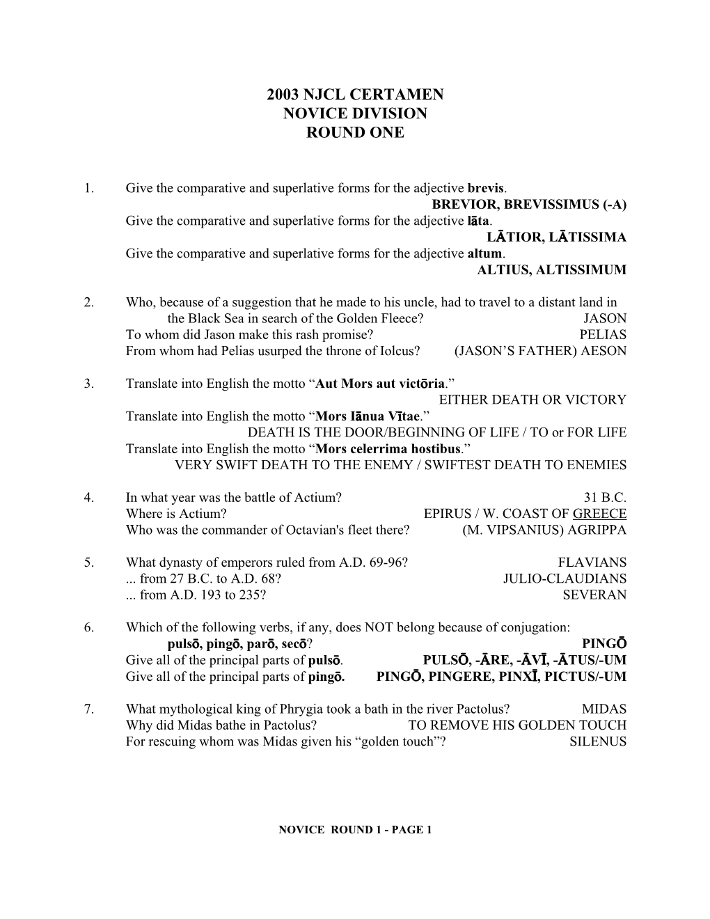 2003 Njcl Certamen Novice Division Round One