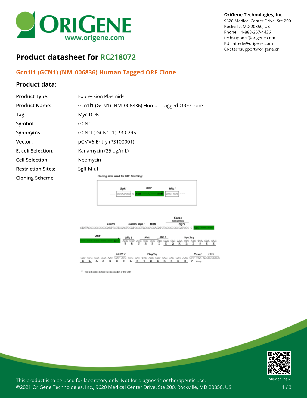 Gcn1l1 (GCN1) (NM 006836) Human Tagged ORF Clone Product Data