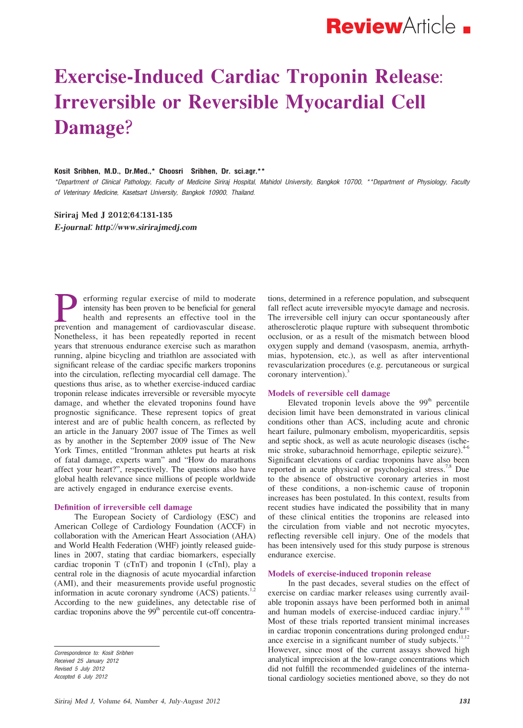 Exercise-Induced Cardiac Troponin Release: Irreversible Or Reversible Myocardial Cell Damage?