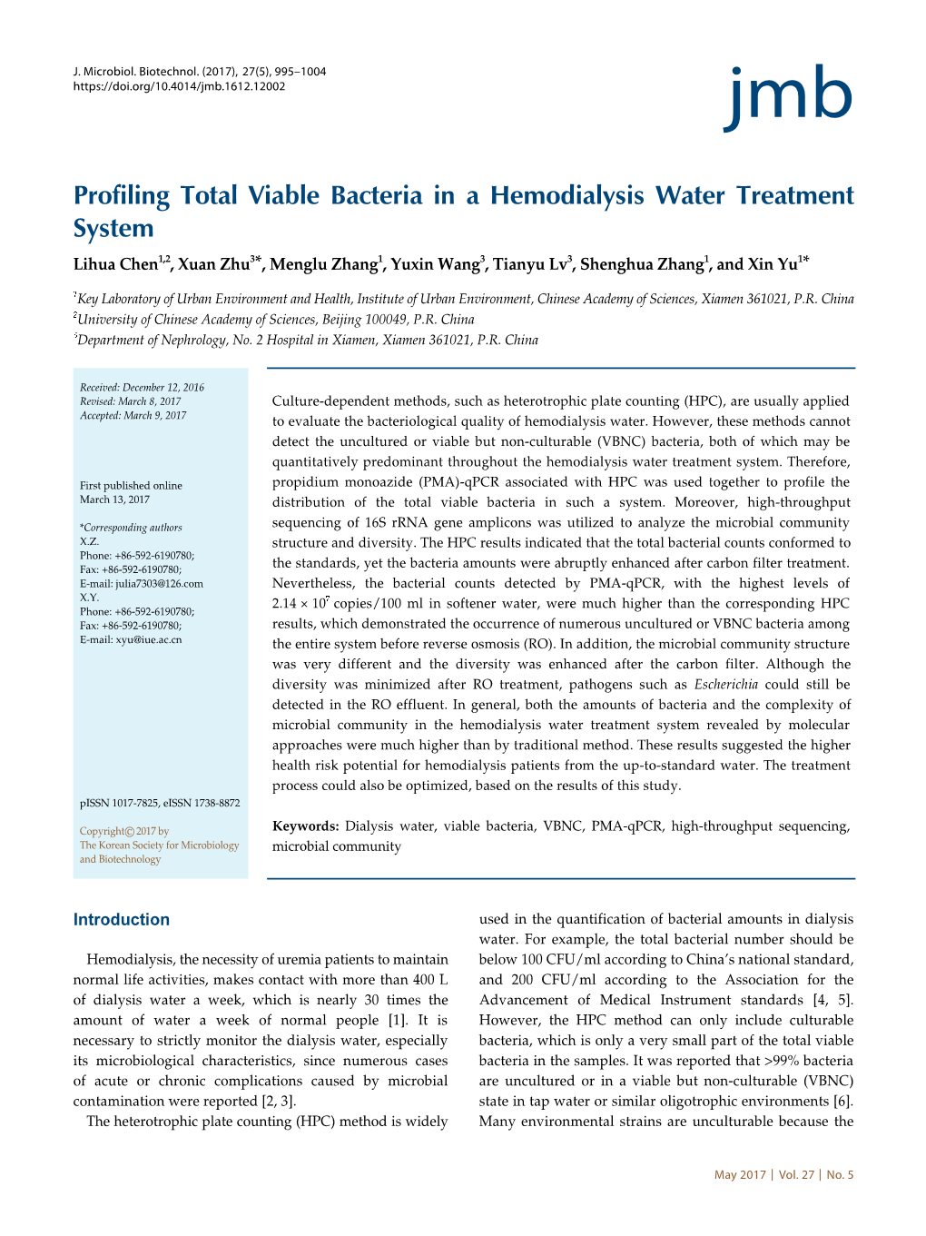 Profiling Total Viable Bacteria in a Hemodialysis Water Treatment