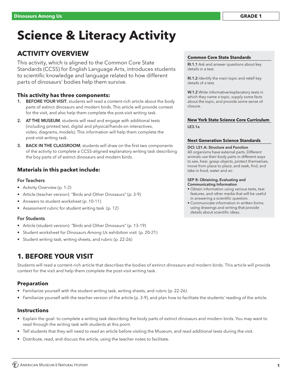 Dinosaurs Among Us Science & Literacy Activity: Grade 1