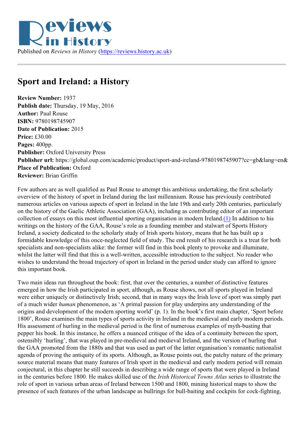 Sport and Ireland: a History