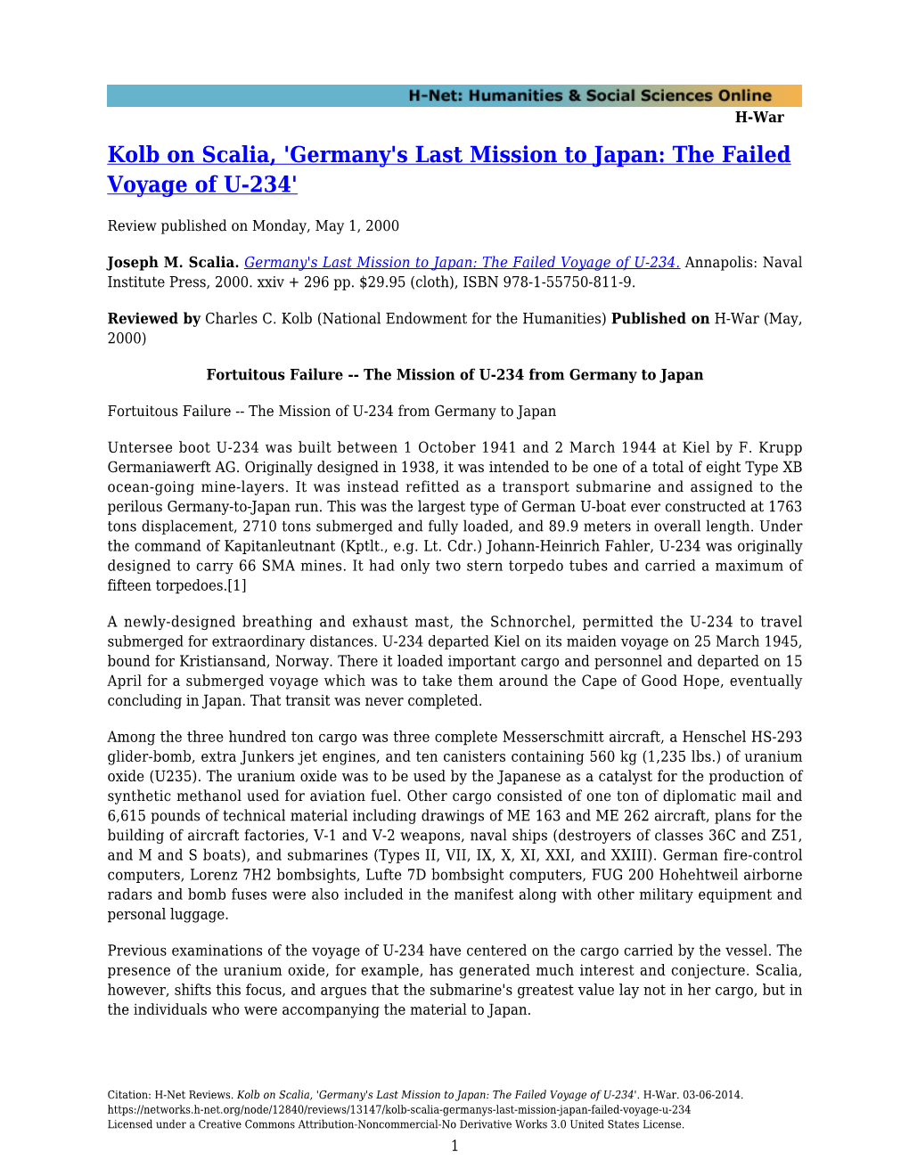 Kolb on Scalia, 'Germany's Last Mission to Japan: the Failed Voyage of U-234'