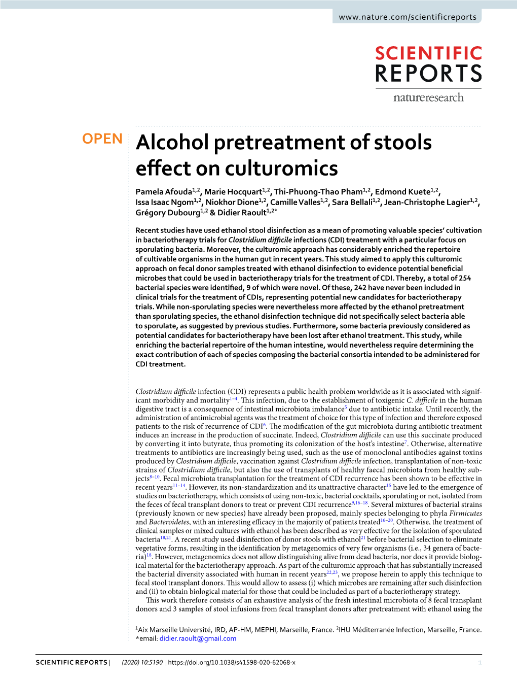 Alcohol Pretreatment of Stools Effect on Culturomics