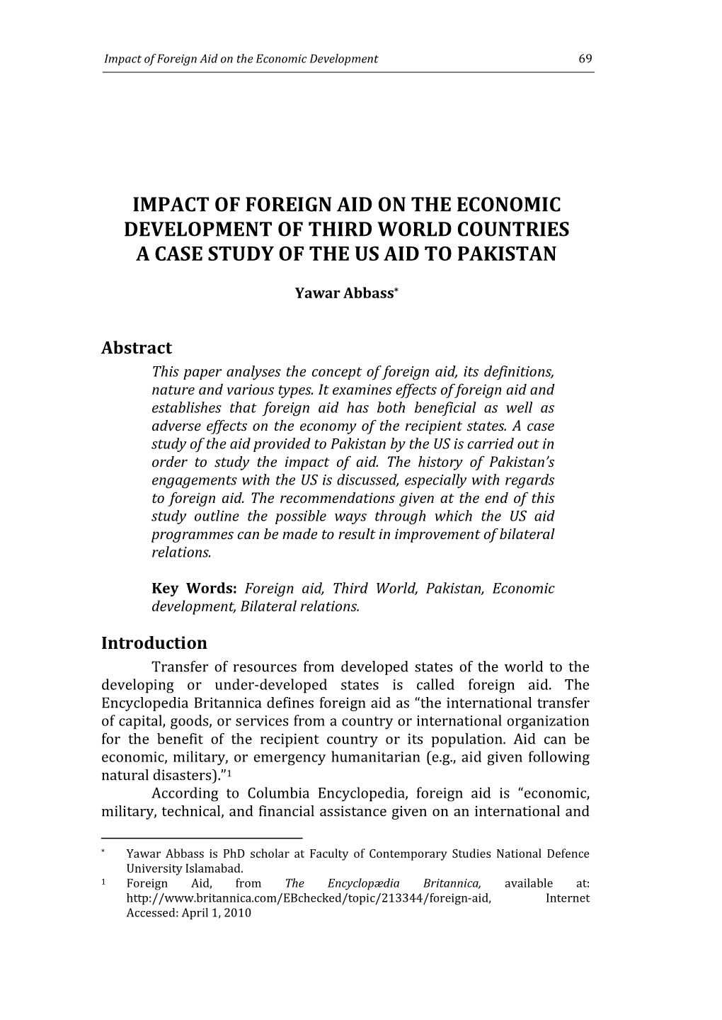 Impact of Foreign Aid on the Economic Development of Third World Countries a Case Study of the Us Aid to Pakistan