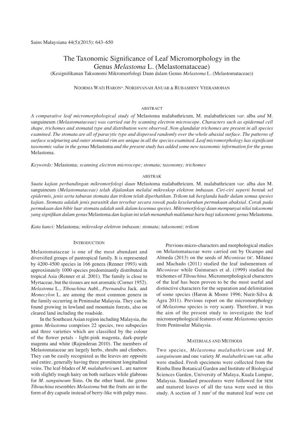 The Taxonomic Significance of Leaf Micromorphology in the Genus Melastoma L