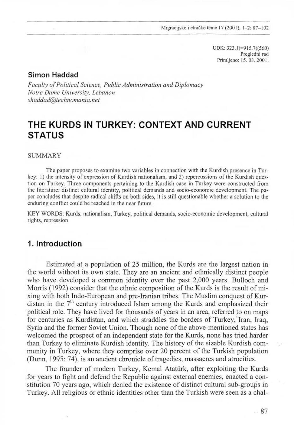 The Kurds in Turkey: Context and Current Status