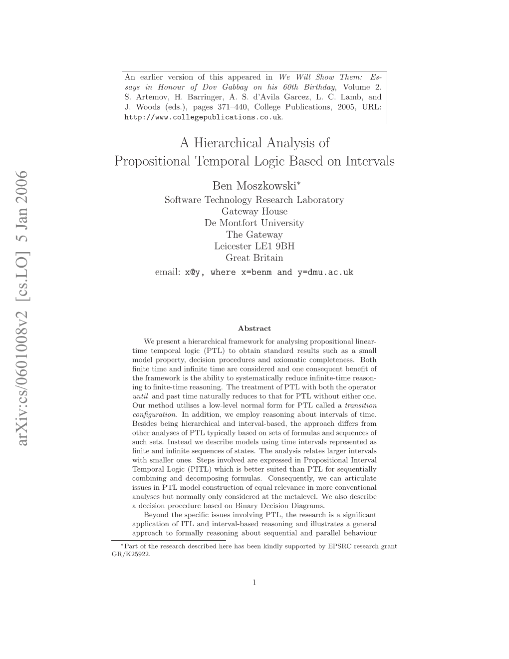 Arxiv:Cs/0601008V2 [Cs.LO] 5 Jan 2006 GR/K25922