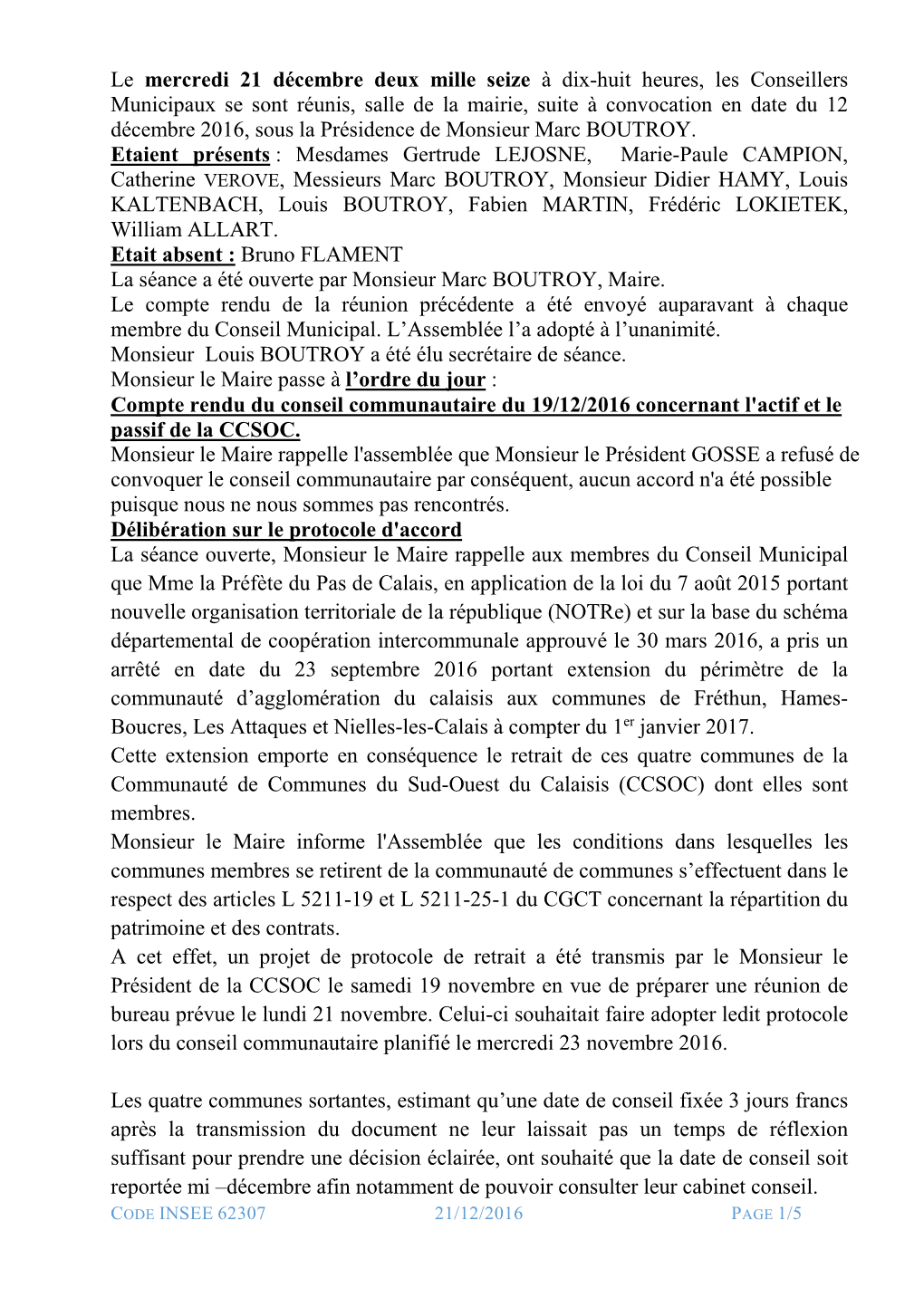 Conseil Municipal Du 21 Décembre 2016