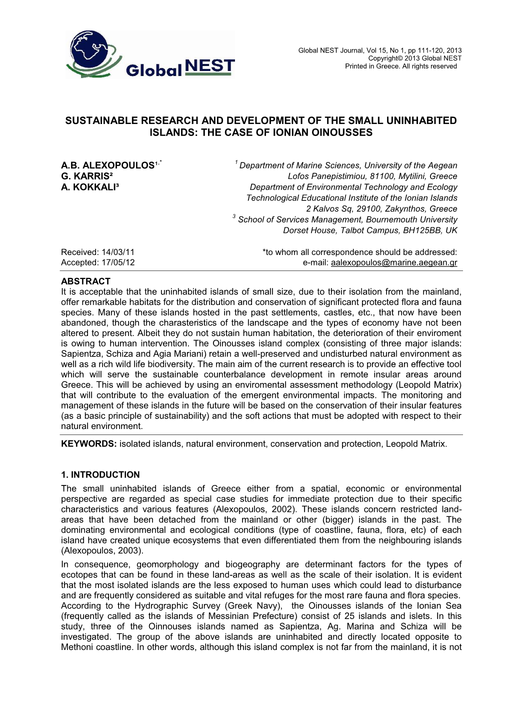 Sustainable Research and Development of the Small Uninhabited Islands: the Case of Ionian Oinousses
