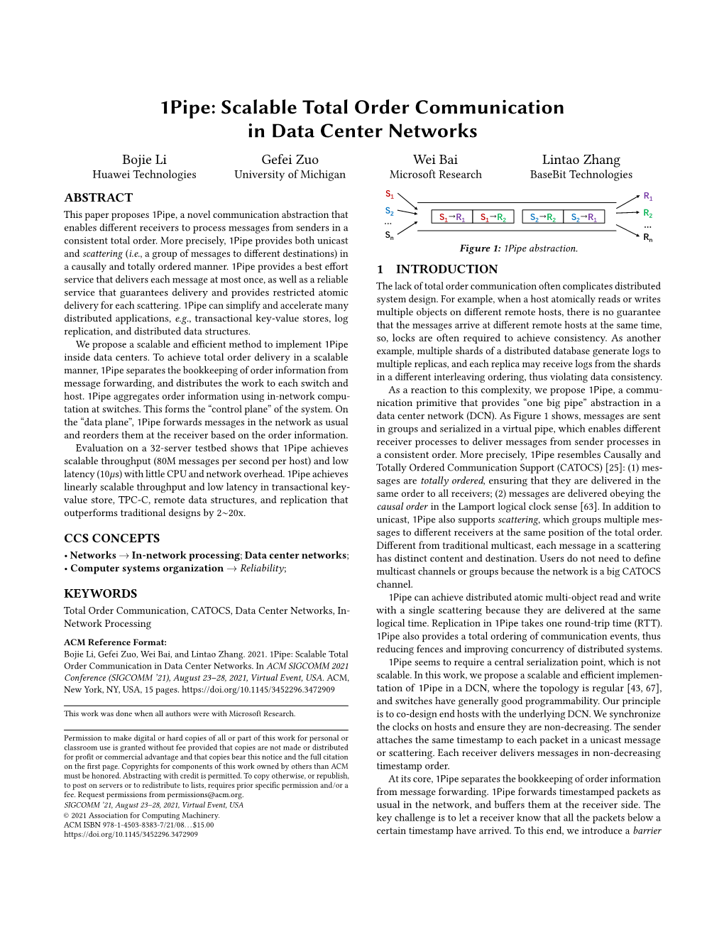 1Pipe: Scalable Total Order Communication in Data Center Networks
