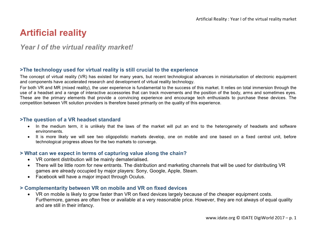 Artificial Reality : Year I of the Virtual Reality Market Artificial Reality
