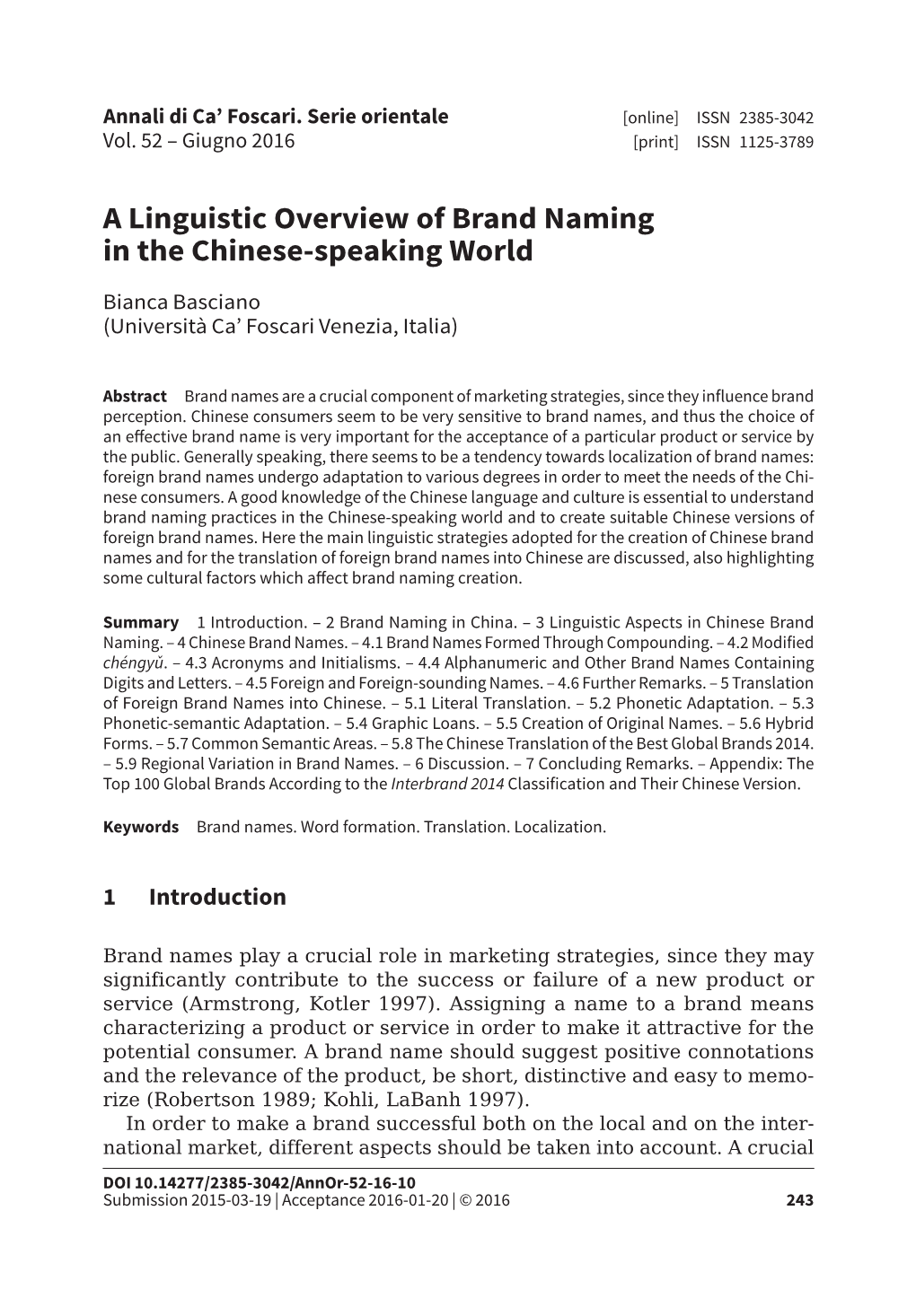 A Linguistic Overview of Brand Naming in the Chinese-Speaking World