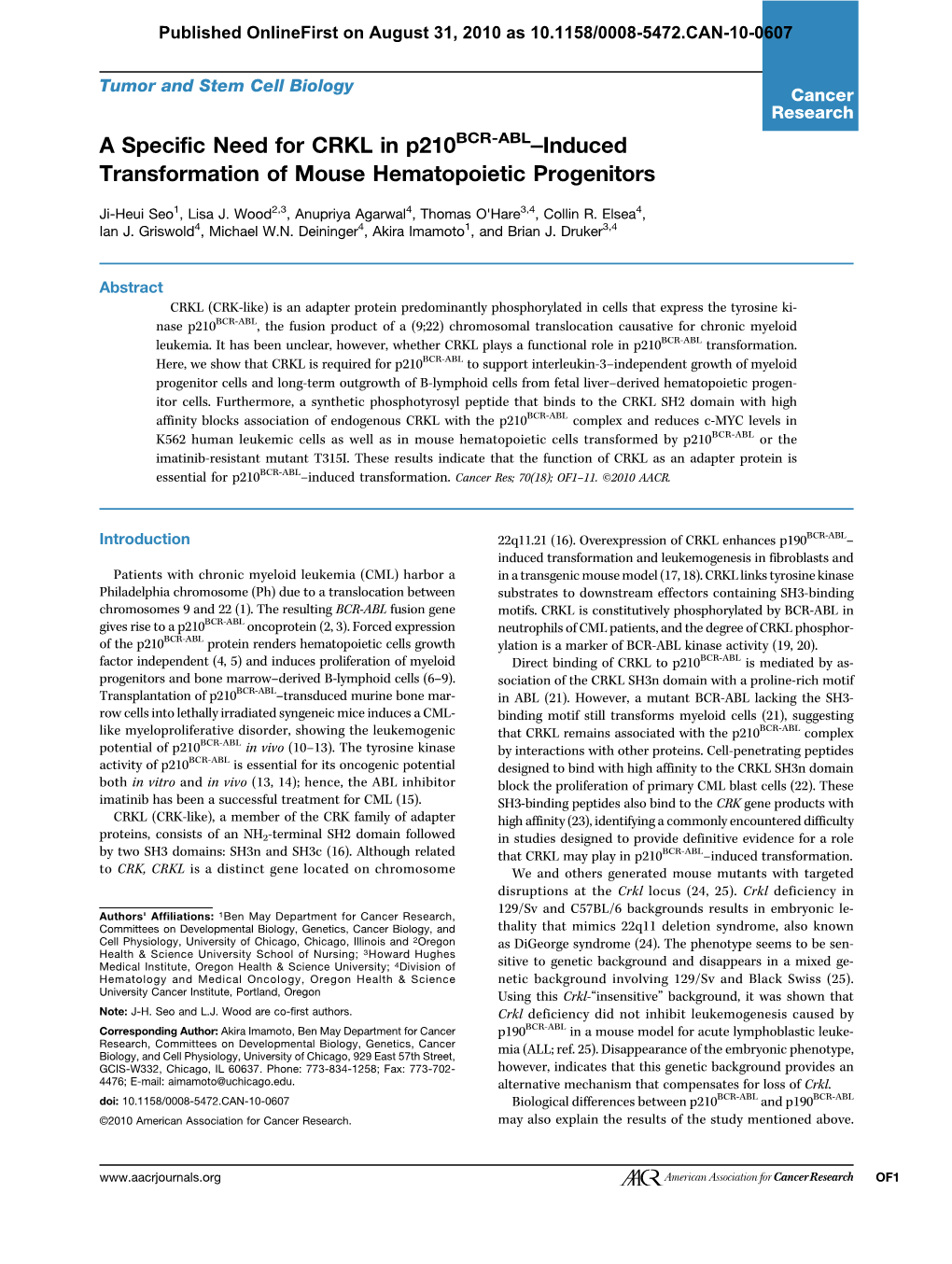 A Specific Need for CRKL in P210 Transformation of Mouse