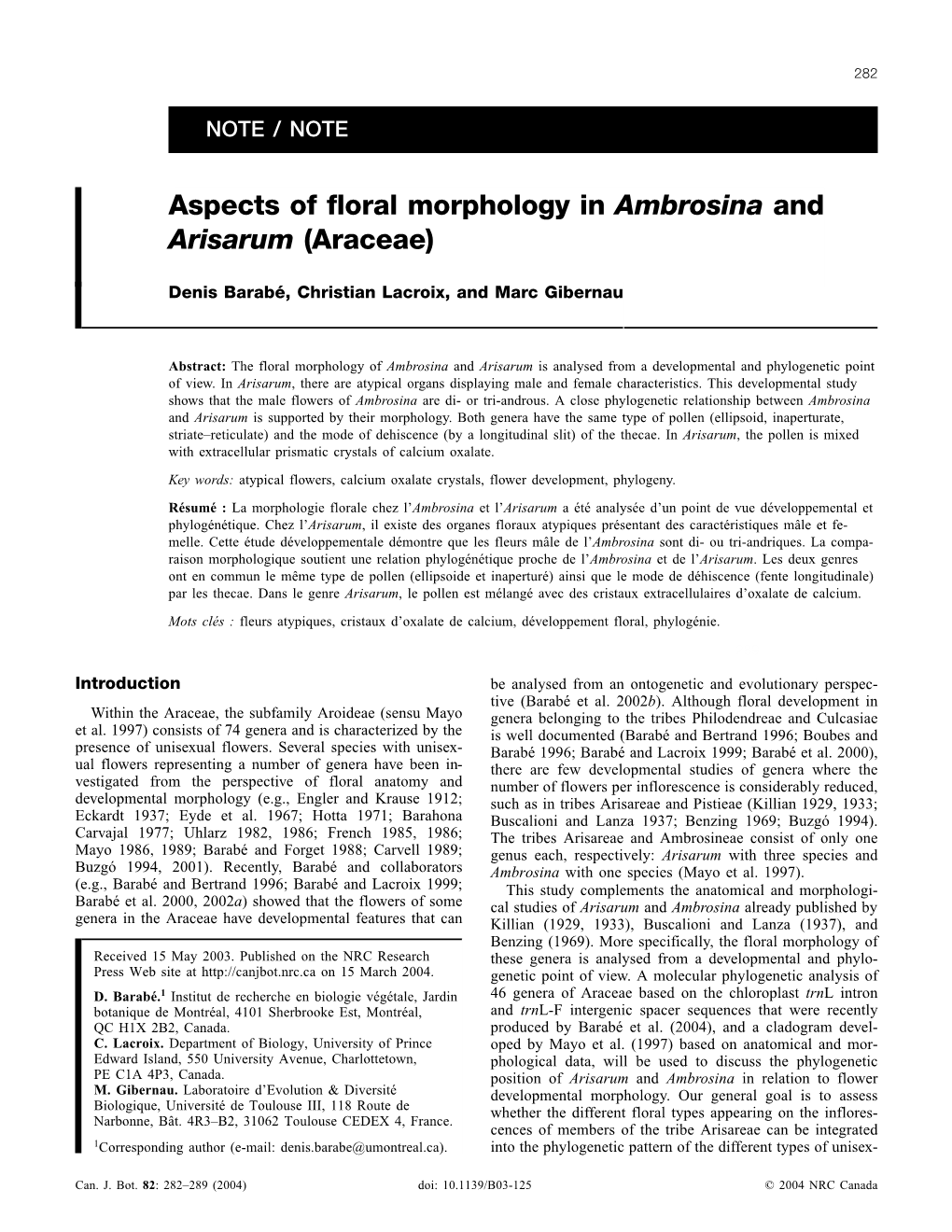 Aspects of Floral Morphology in Ambrosina and Arisarum (Araceae)
