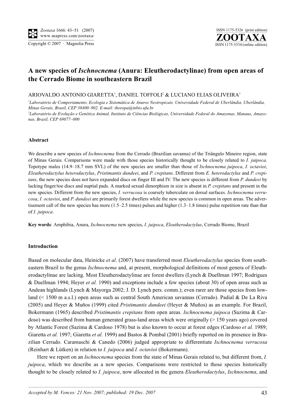 Zootaxa,A New Species of Ischnocnema