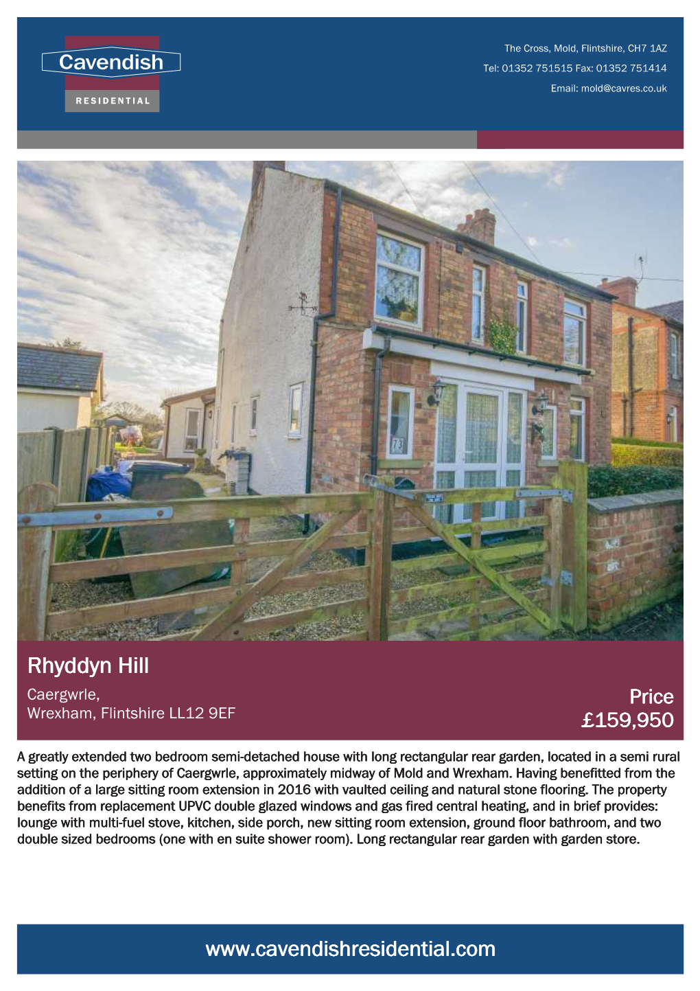 Rhyddyn Hill Caergwrle, Price Wrexham, Flintshire LL12 9EF £159,950