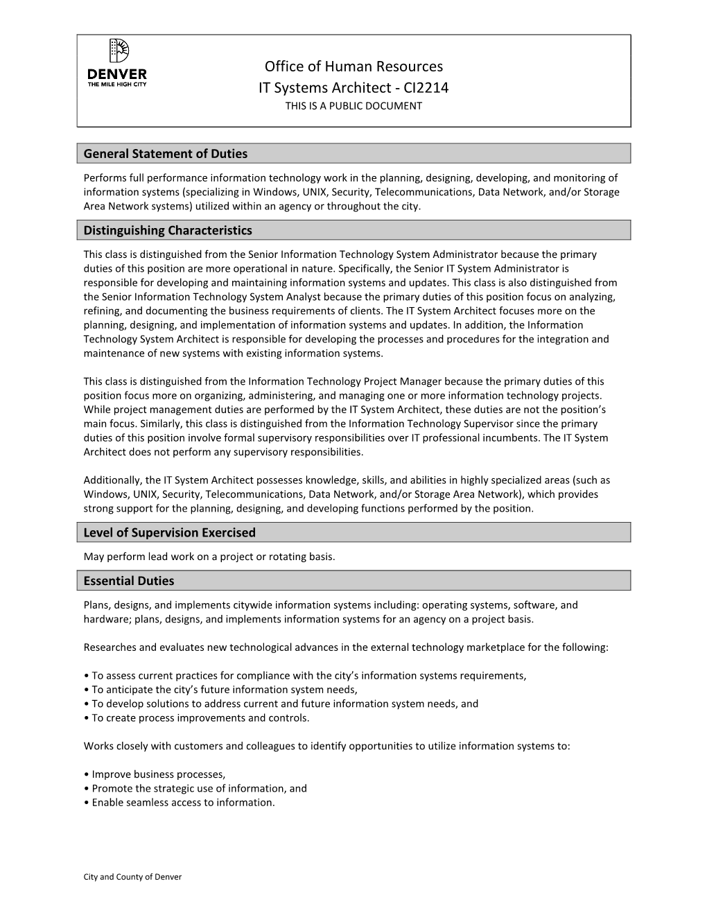 Office of Human Resources IT Systems Architect - CI2214 THIS IS a PUBLIC DOCUMENT