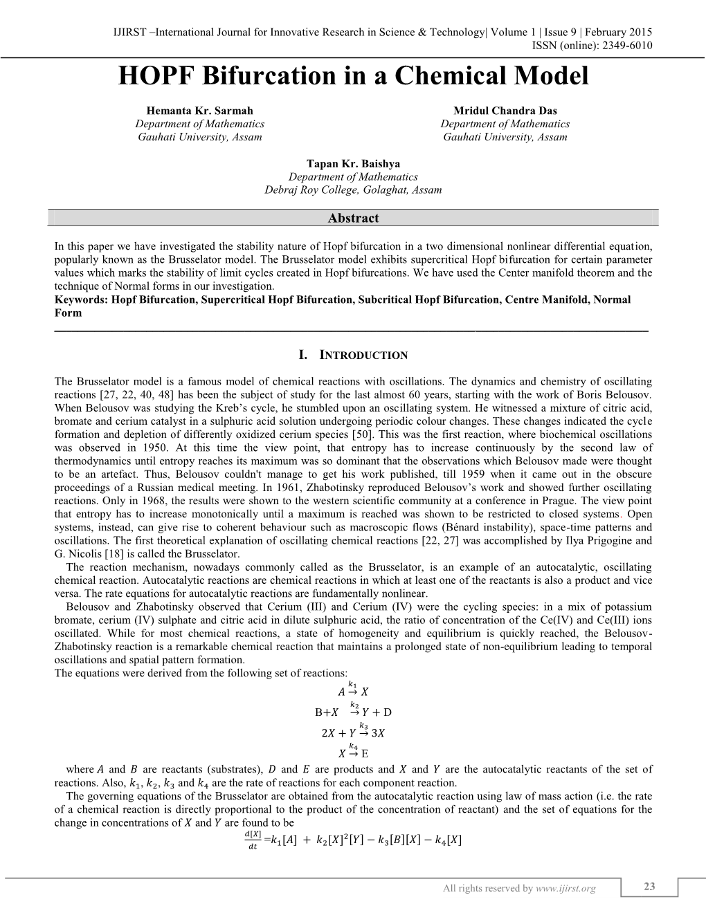 HOPF Bifurcation in a Chemical Model