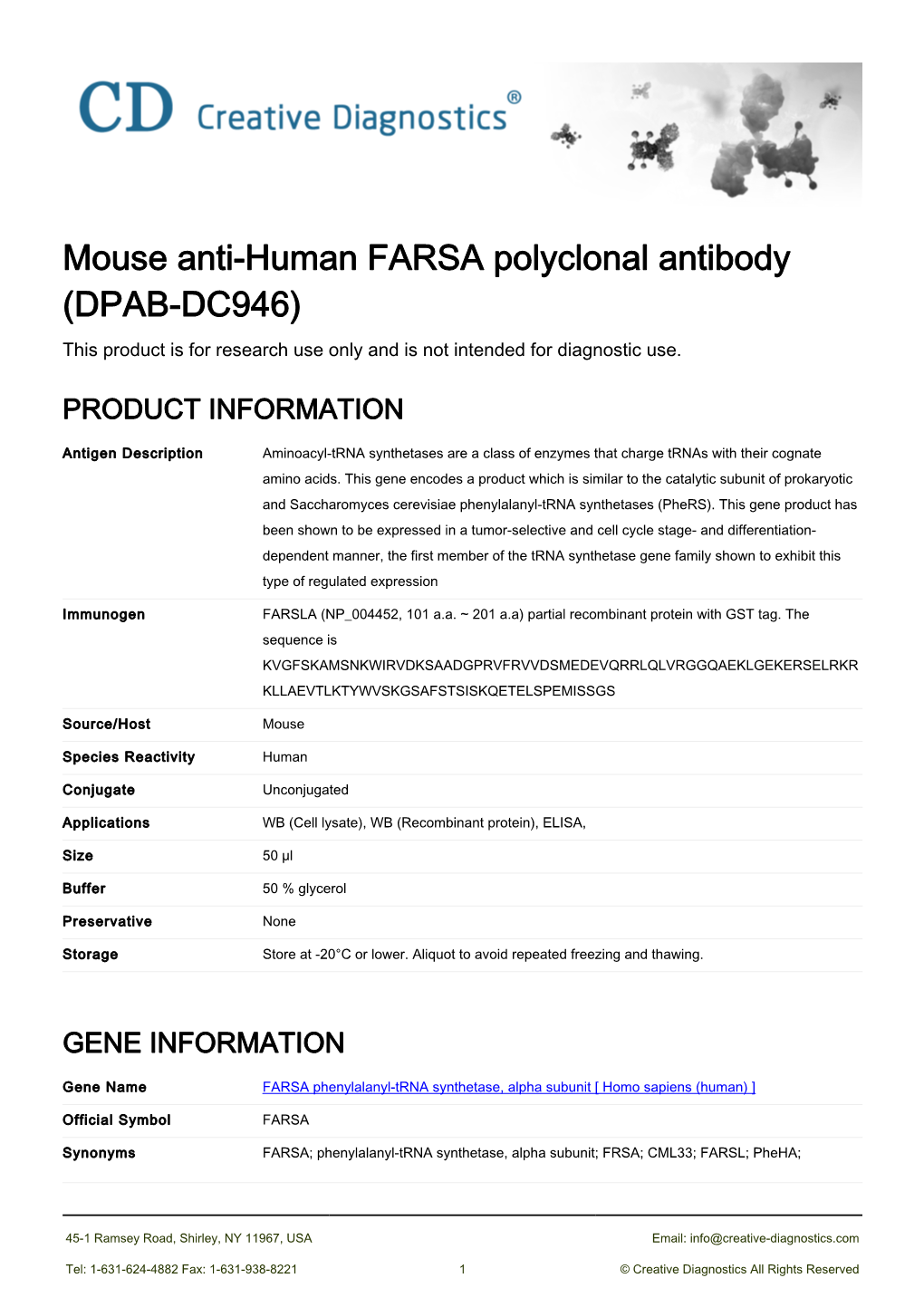 Mouse Anti-Human FARSA Polyclonal Antibody (DPAB-DC946) This Product Is for Research Use Only and Is Not Intended for Diagnostic Use