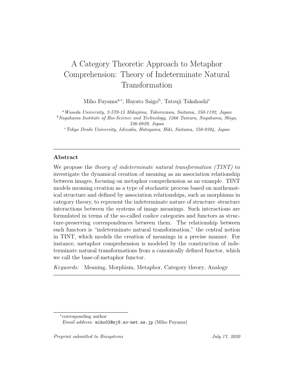 A Category Theoretic Approach to Metaphor Comprehension: Theory of Indeterminate Natural Transformation