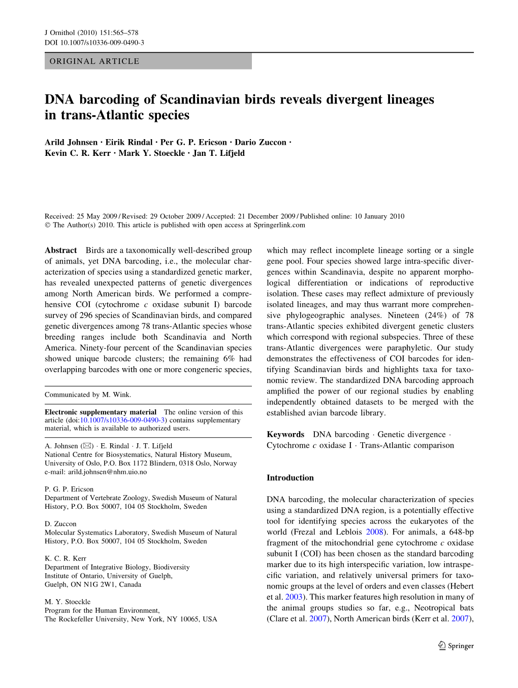 DNA Barcoding of Scandinavian Birds Reveals Divergent Lineages in Trans-Atlantic Species