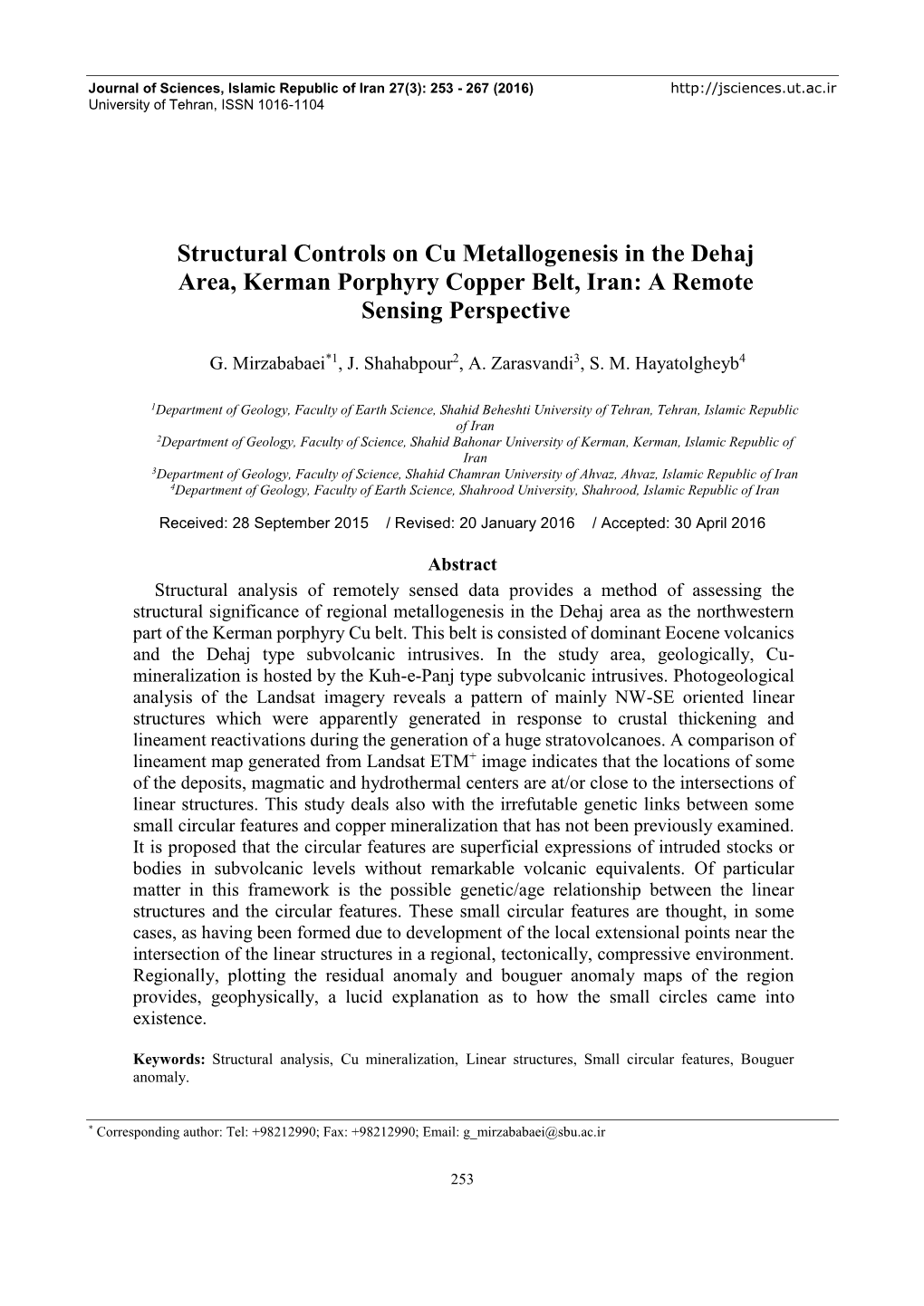 Structural Controls on Cu Metallogenesis in the Dehaj Area, Kerman Porphyry Copper Belt, Iran: a Remote Sensing Perspective