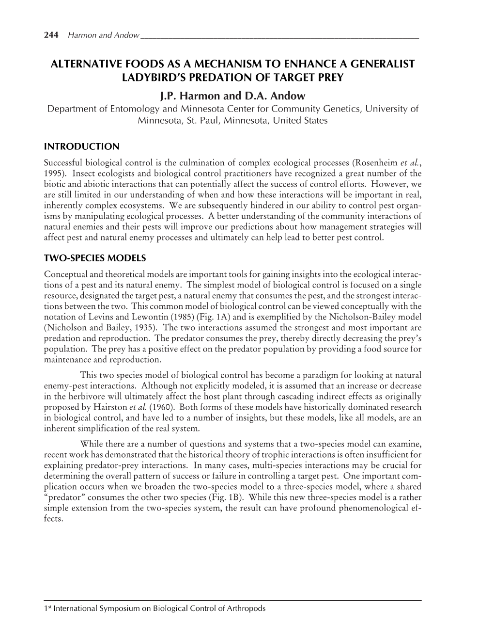 Alternative Foods As a Mechanism to Enhance a Generalist Ladybird’S Predation of Target Prey J.P