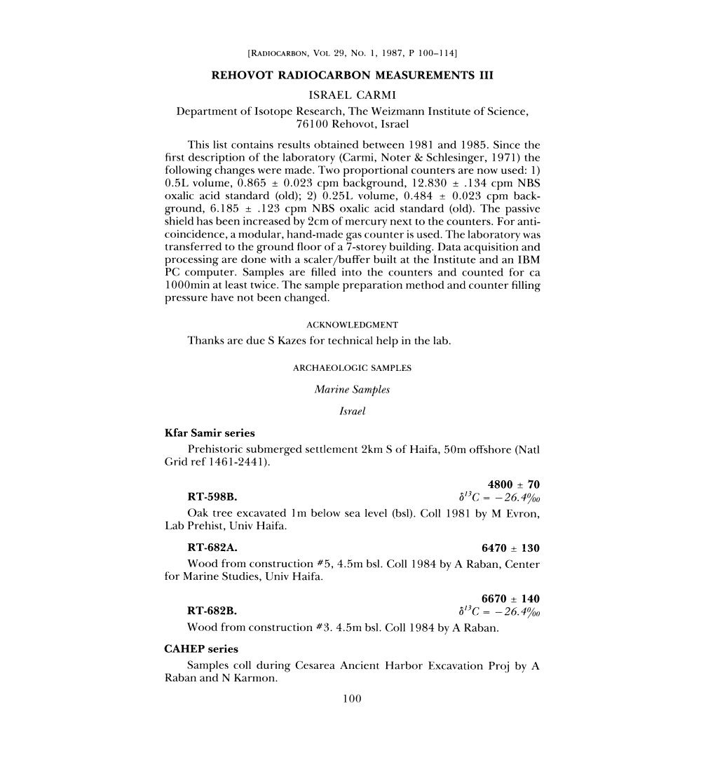 Rehovot Radiocarbon Measurements