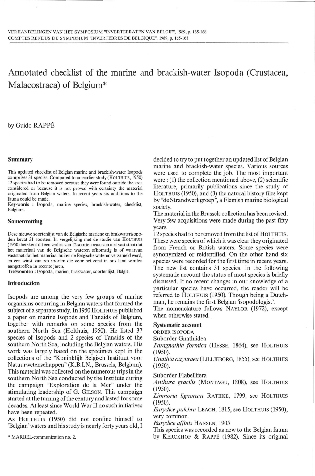 Annotated Checklist of the Marine and Brackish-Water Isopoda (Crustacea, Malacostraca) of Belgium*